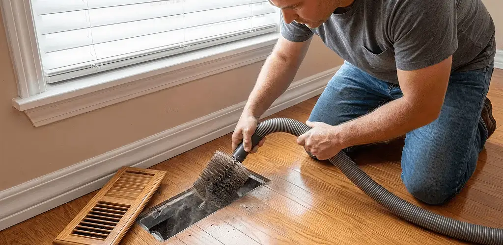 Air duct cleaning technician vacuuming a floor vent and duct opening in Cincinnati, OH