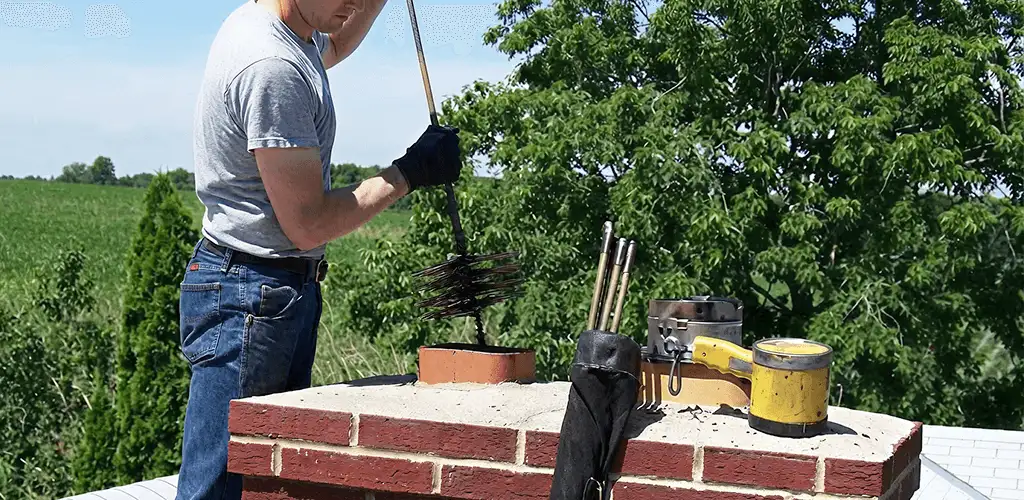 Chimney cleaning technician working on a rooftop chimney with professional tools in Cincinnati, OH