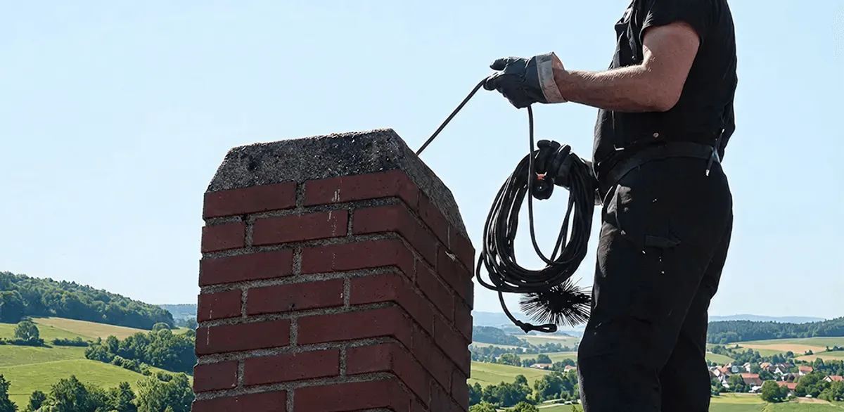Chimney sweep inspecting and cleaning a rooftop chimney in Cincinnati, OH