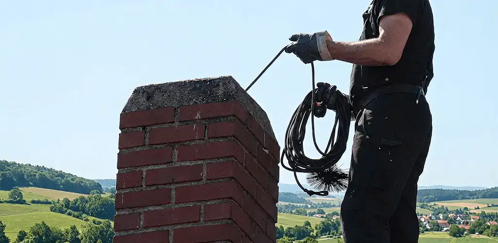 Chimney sweep inspecting and cleaning a rooftop chimney in Cincinnati, OH