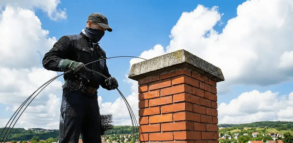 Chimney sweep cleaning a brick chimney with professional tools in Cincinnati, OH