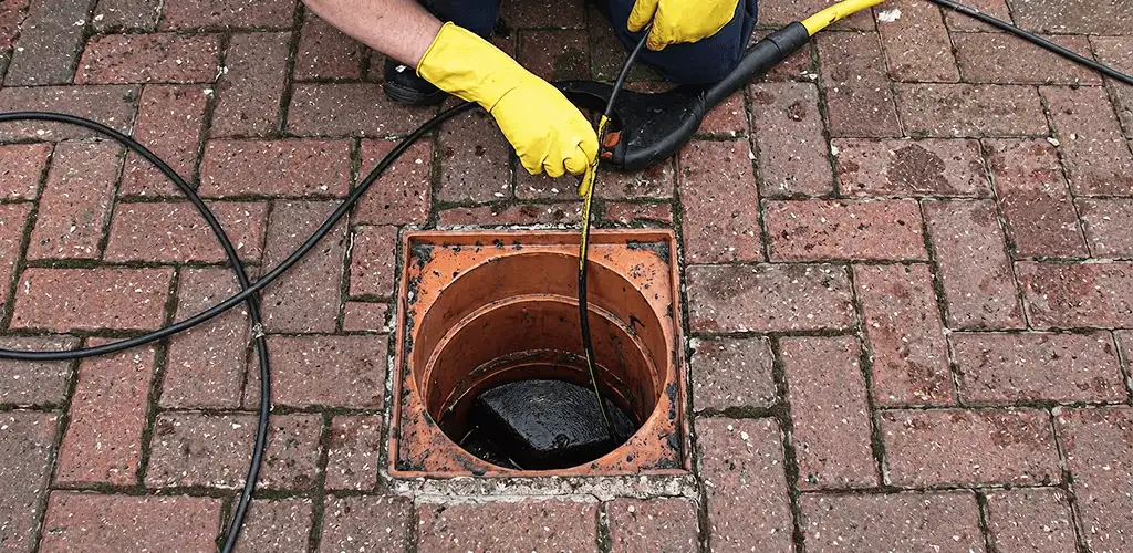 Drain cleaning technician using a drain snake to clear a clogged drain in Cincinnati, OH