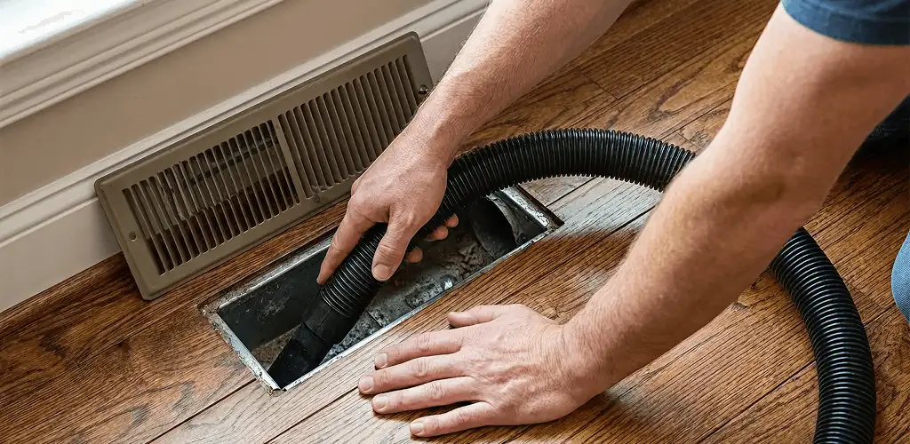 Air duct cleaning technician vacuuming a floor register and duct opening in Cincinnati, OH
