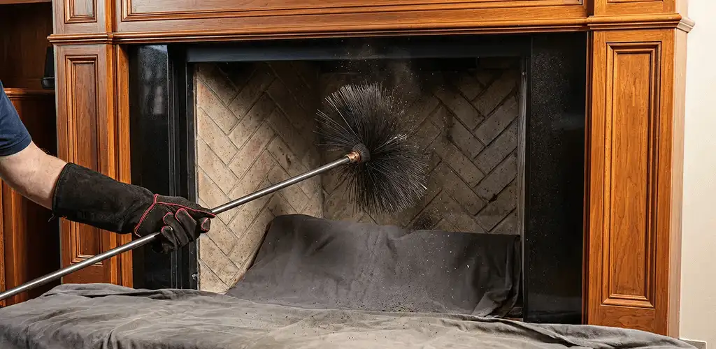 Chimney cleaning service brushing soot from a fireplace and flue in Cincinnati, OH