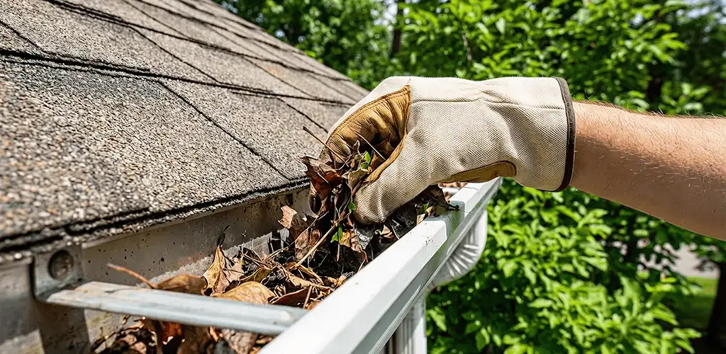 Gutter cleaning removing leaves and debris from roof gutters in Cincinnati, OH