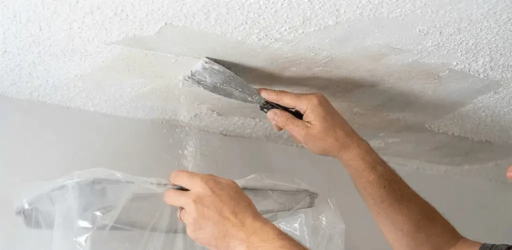 Popcorn ceiling removal technician scraping texture from a ceiling in Cincinnati, OH