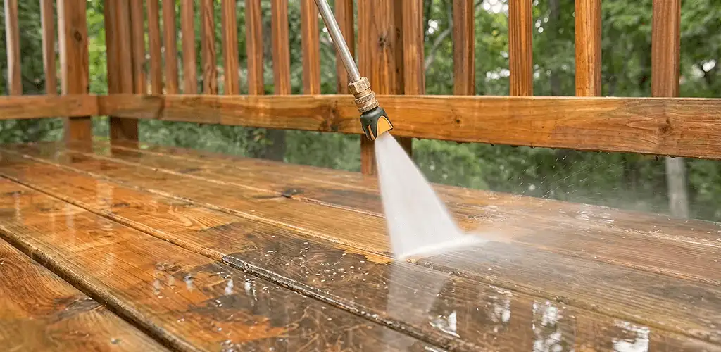 Pressure washing a wood deck to remove dirt and buildup in Cincinnati, OH