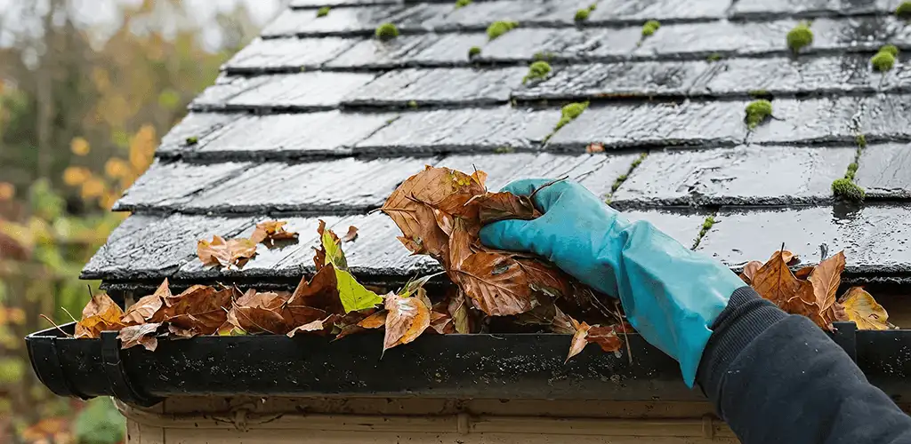 Gutter cleaning technician clearing wet leaves from roof gutters in Cincinnati, OH