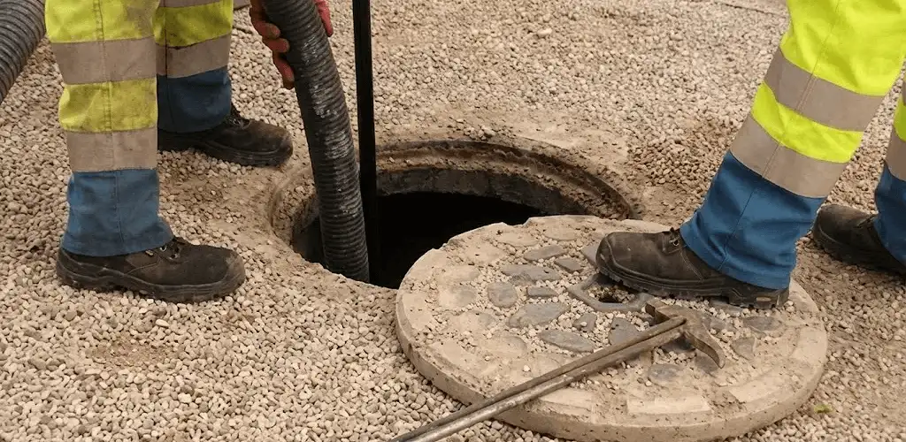 Drain cleaning crew clearing a sewer access point with professional equipment in Cincinnati, OH