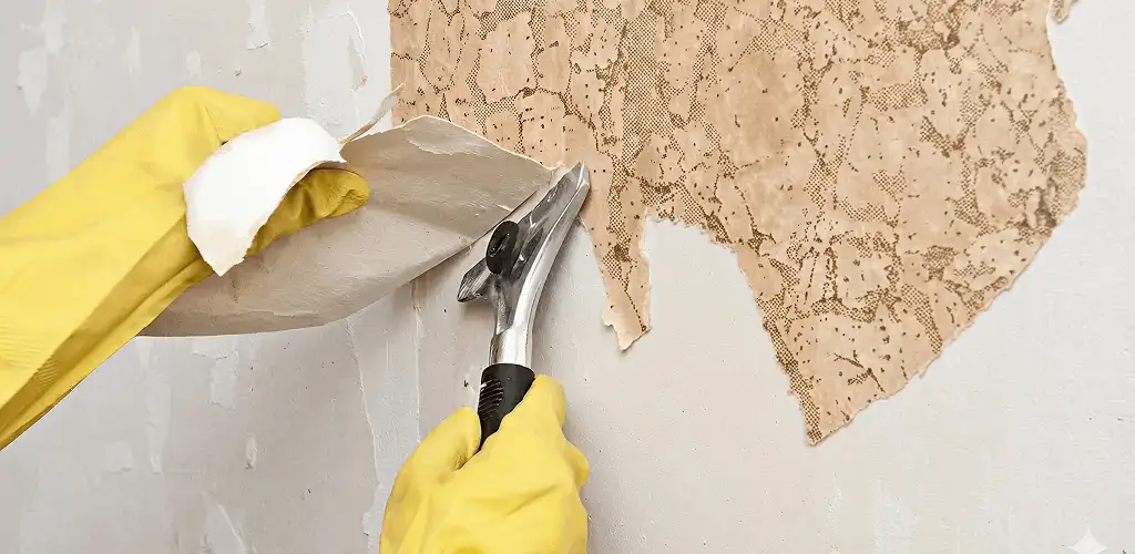 Wallpaper removal service stripping old wallpaper from a wall in Cincinnati, OH