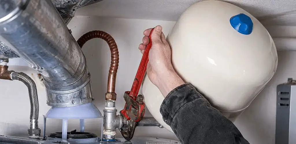 Water heater repair technician tightening plumbing connections near a tank unit in Cincinnati, OH